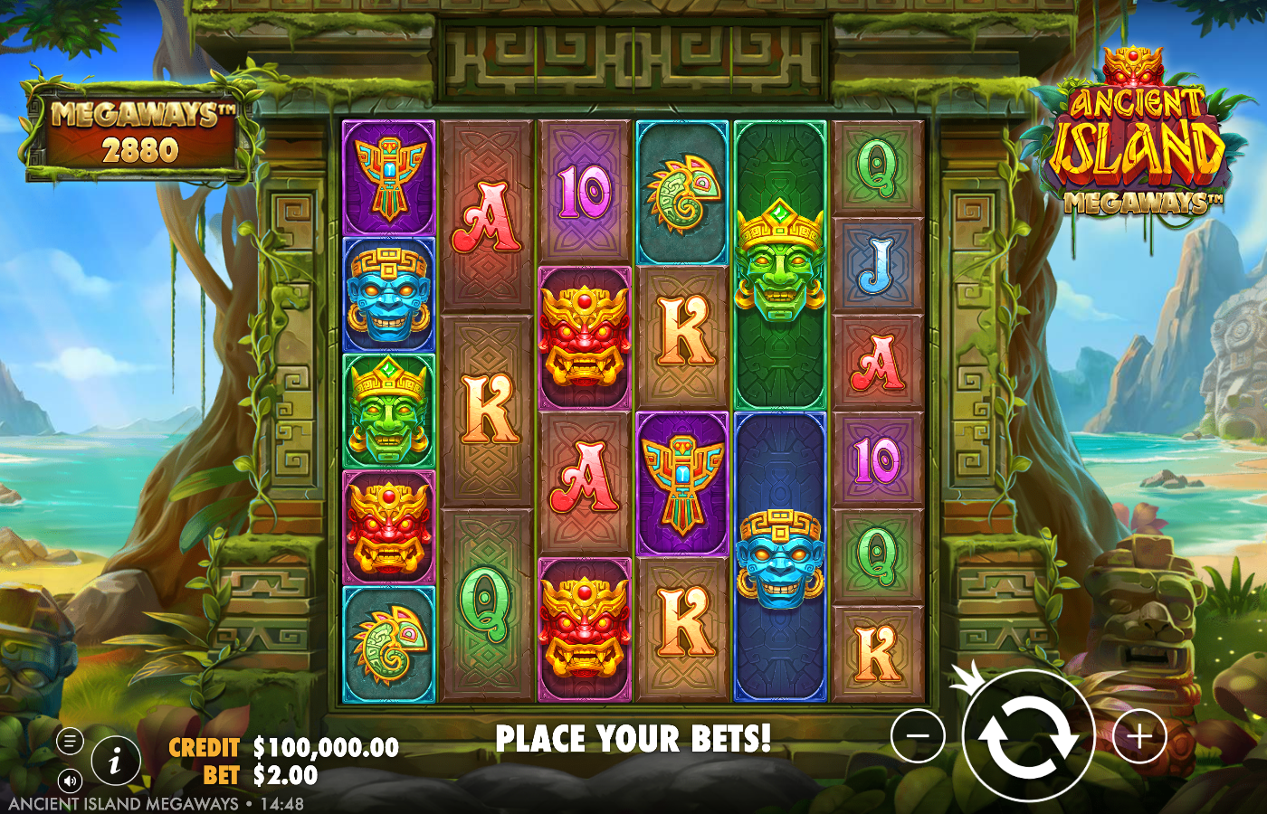 Ancient Island Megaways base game showing the variable-row Megaways grid of tiki and idol symbols inside a vine-clad stone-temple frame, with the MEGAWAYS 2880 ways counter, CREDIT A$100,000.00 and BET A$2.00 and the green Ancient Island Megaways logo