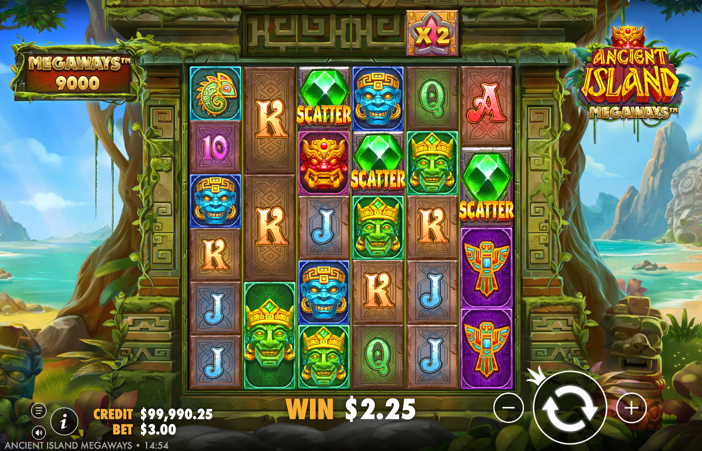 Ancient Island Megaways live winning spin paying A$2.25 with a x2 Multiplier modifier active on the overhead reel and three Scatter symbols on the grid, one shy of the free-spins trigger, MEGAWAYS 9000 ways at a A$2.00 bet