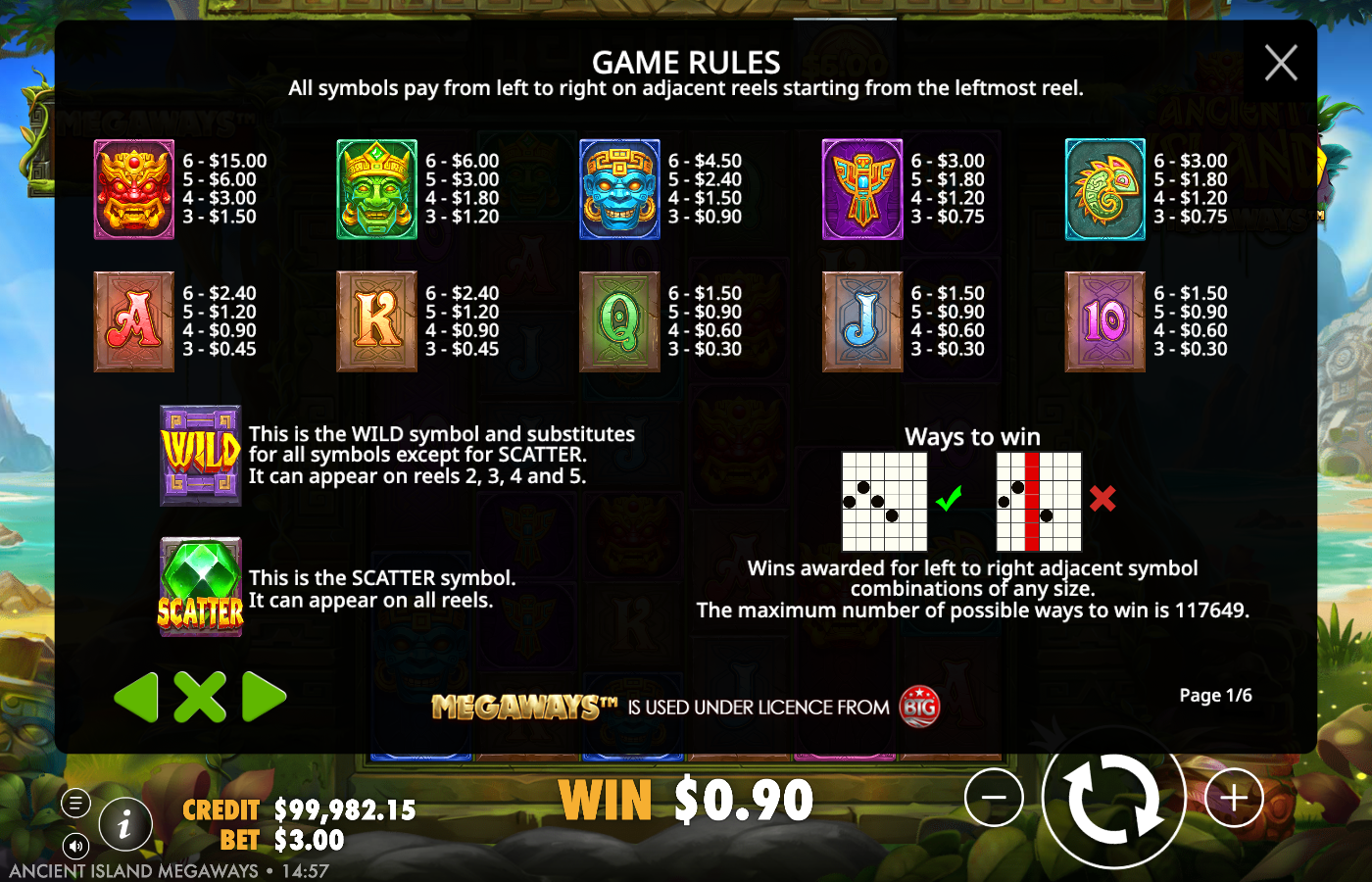 Ancient Island Megaways in-game Game Rules page one of six showing the numeric symbol paytable from the green jade idol at A$15.00 down to the card royals, plus the Wild and Scatter rules and the 117,649-ways panel with the BTG Megaways licence line