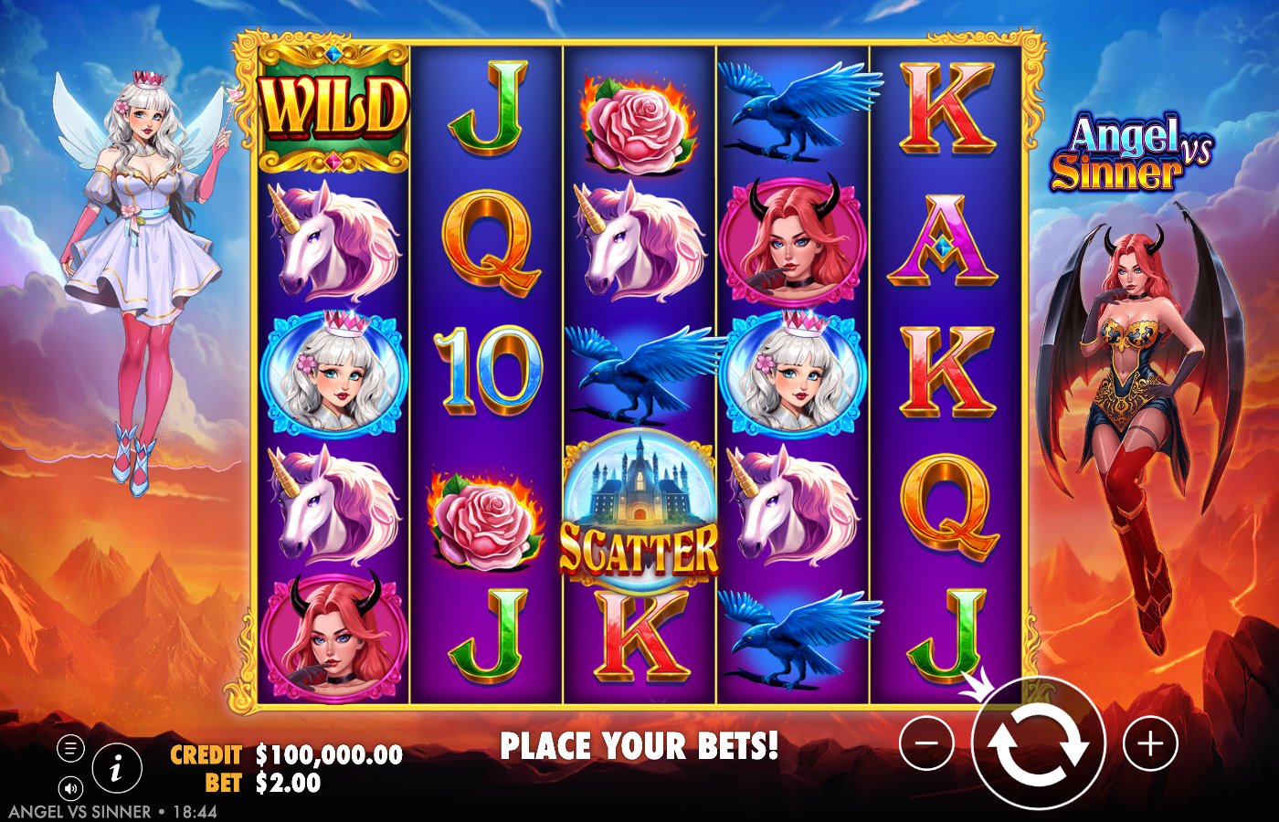 Angel vs Sinner base game on a 5 by 5 grid with the angel and demoness characters flanking the reels, a heart wild, a castle scatter and card royals over a hellfire and celestial backdrop with a CREDIT and BET A$2.00 readout