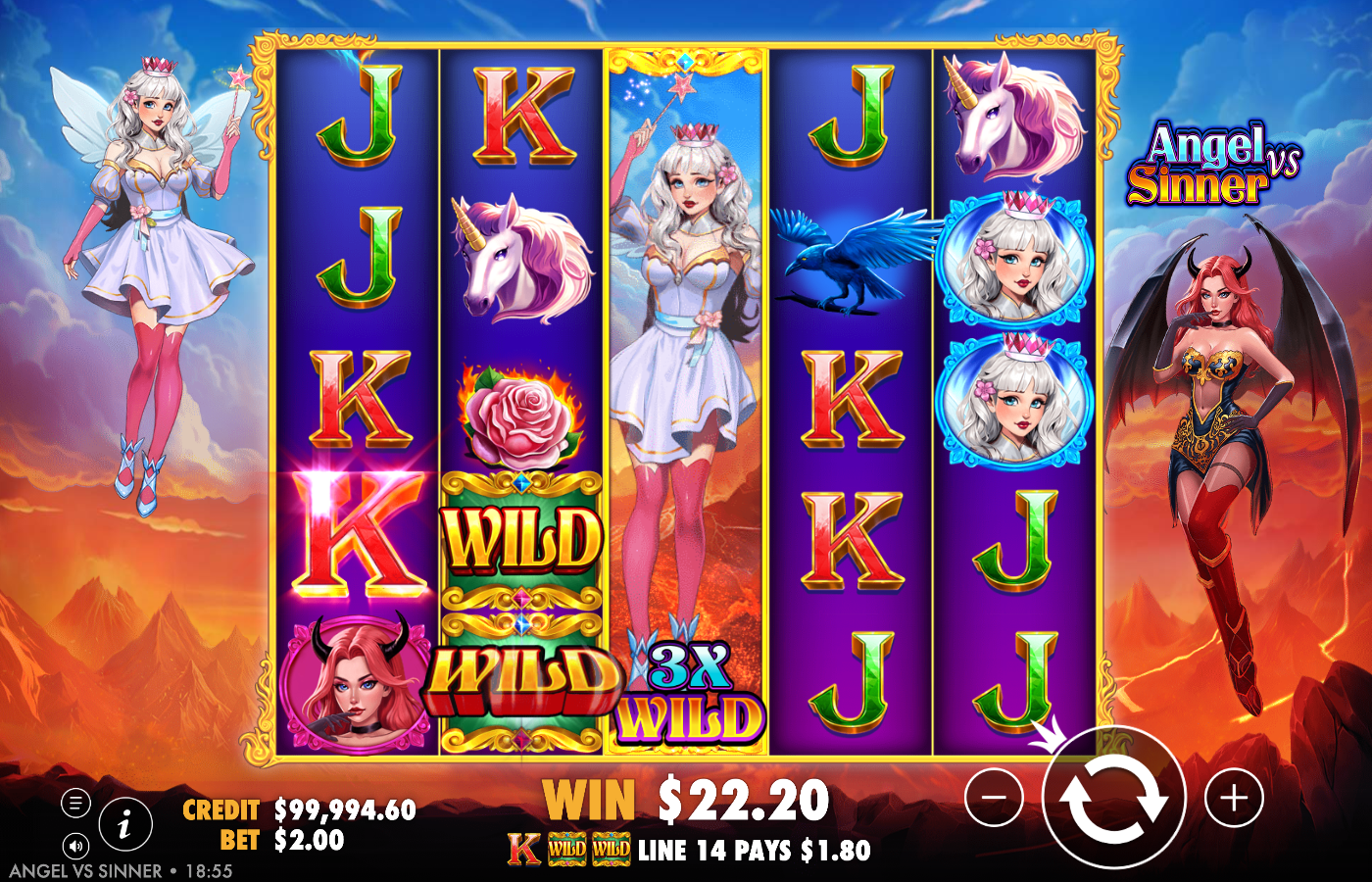Angel vs Sinner expanding wild feature with two stacked WILD symbols on reel 2 and a 3X WILD multiplier on reel 3, resolving to WIN A$22.20 on a A$2.00 bet