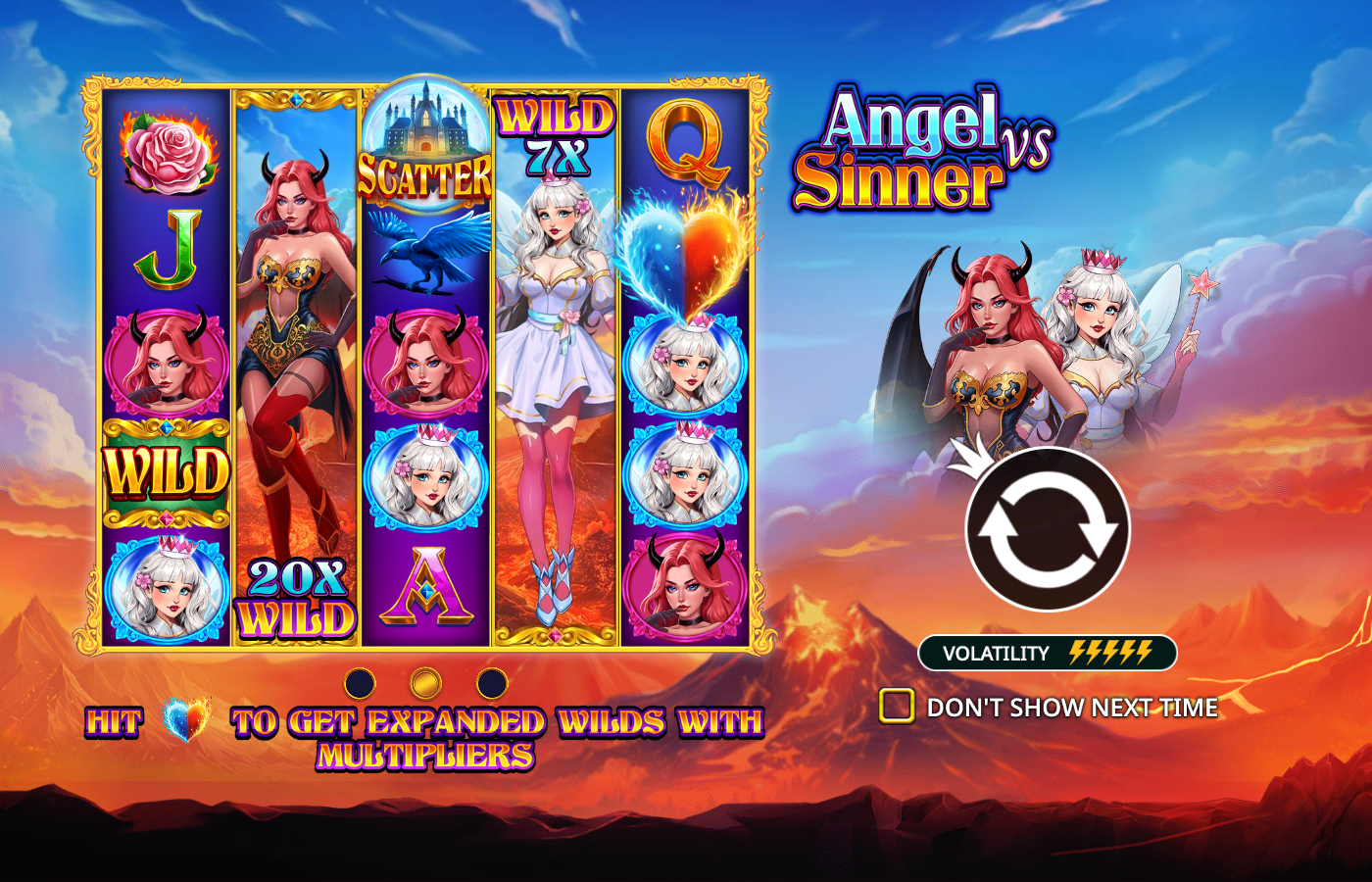 Angel vs Sinner in-game feature-rules attract screen showing WILD 7X and 20X WILD multiplier symbols, the castle scatter, the heart wild-trigger, the five-bolt volatility meter and both angel and demon characters
