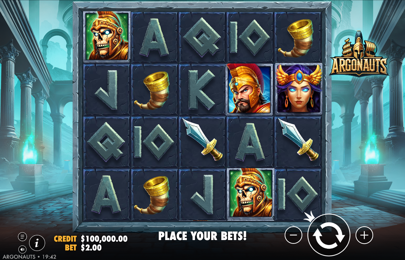 Argonauts base game showing the settled 5x4 grid of Greek-myth symbols, Jason, Medea, Talos, goblets and card royals inside a marble-temple frame, with CREDIT A$100,000.00 and BET A$2.00 and the golden Argonauts ship-and-helmet logo top-right
