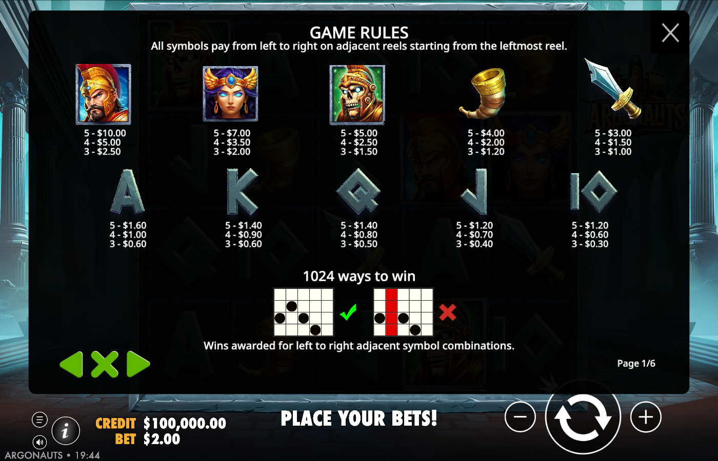 Argonauts in-game Game Rules page one of six showing the numeric symbol paytable from Jason at A$10 for five down to the card royals, plus the 1024 ways to win panel and the left-to-right adjacent-symbol rule