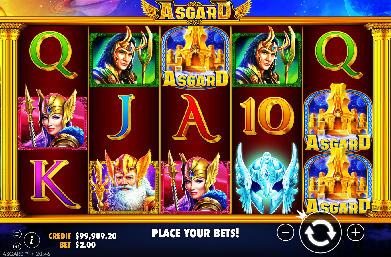 Asgard base game showing the settled 5x3 grid of Norse symbols, Odin, Thor, Freyja, Loki, the golden Asgard castle-gate Wild and the blue winged-helmet Bonus, inside a gold-pillar frame with CREDIT A$100,000.00 and BET A$2.00 and the ASGARD logo top
