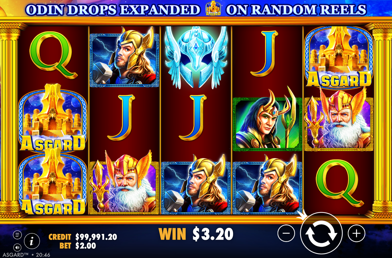 Asgard live paying spin with three golden Asgard Wild symbols stacked on reel 1 and one on reel 5, all four gods on screen and the blue Bonus helmet on reel 3, showing WIN A$3.20 and LINE 13 PAYS A$0.40