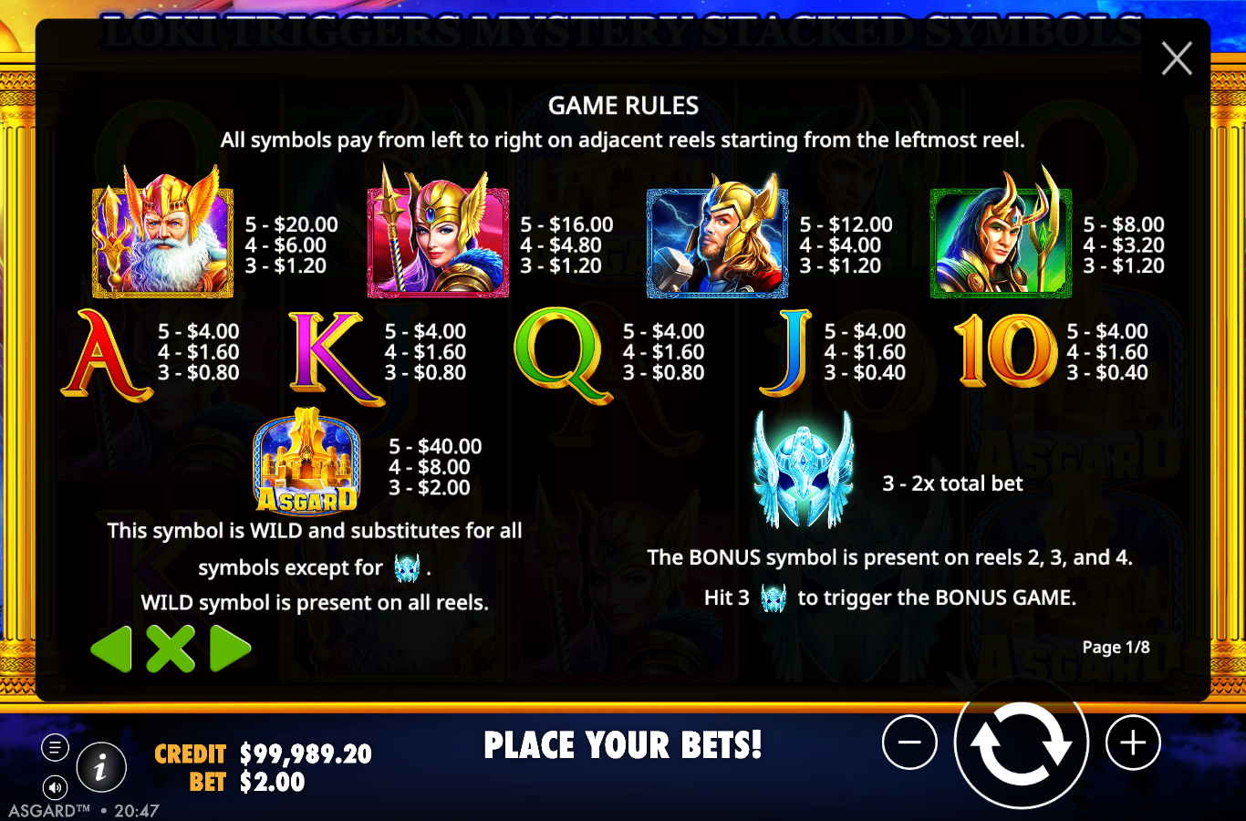 Asgard in-game Game Rules page one of eight showing the numeric symbol paytable from the Asgard Wild at A$40 for five down to the royals at A$4, plus the Wild substitution rule and the Bonus rule for reels 2, 3 and 4