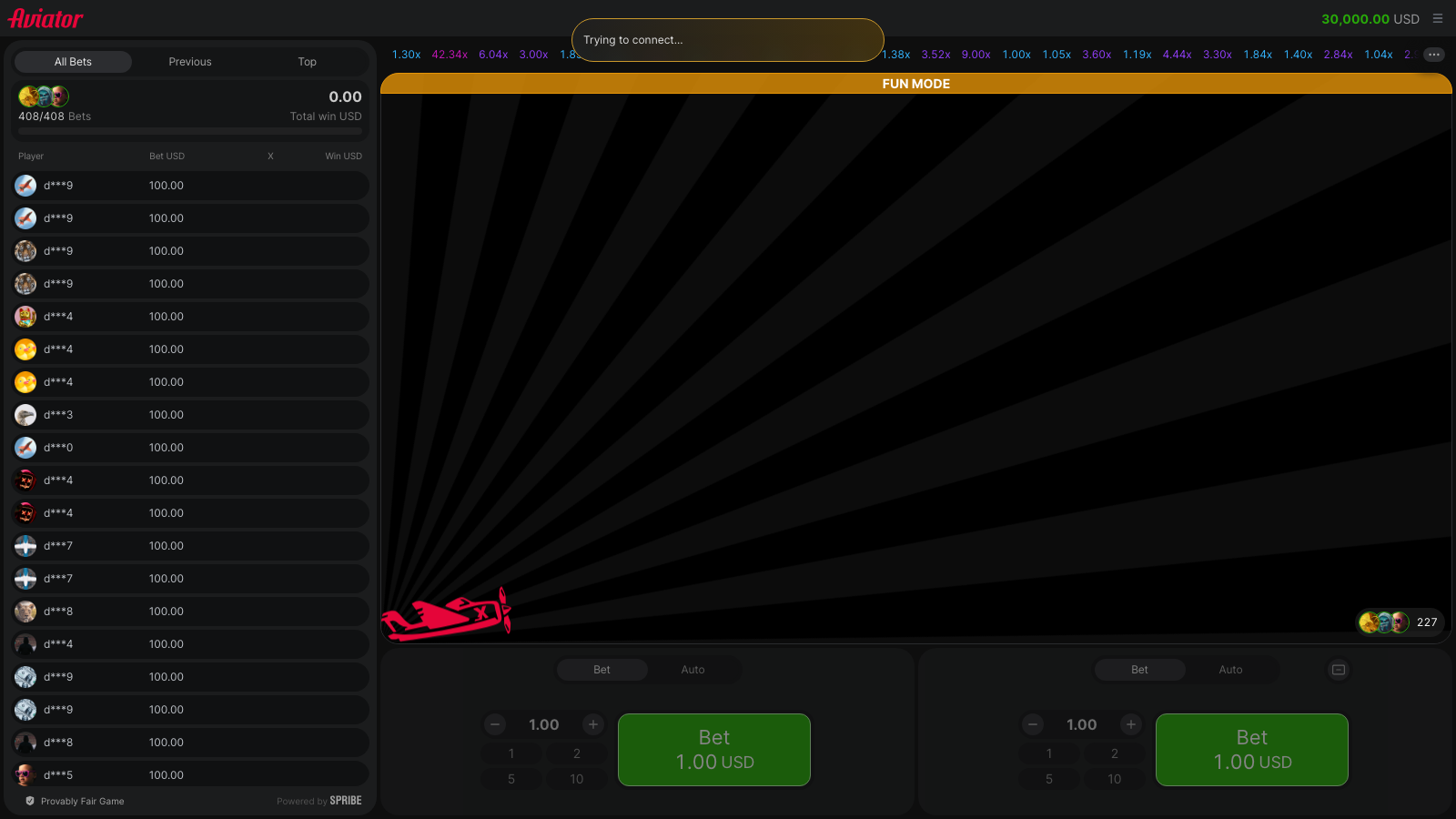 Aviator idle screen with bet panels and multiplier history bar