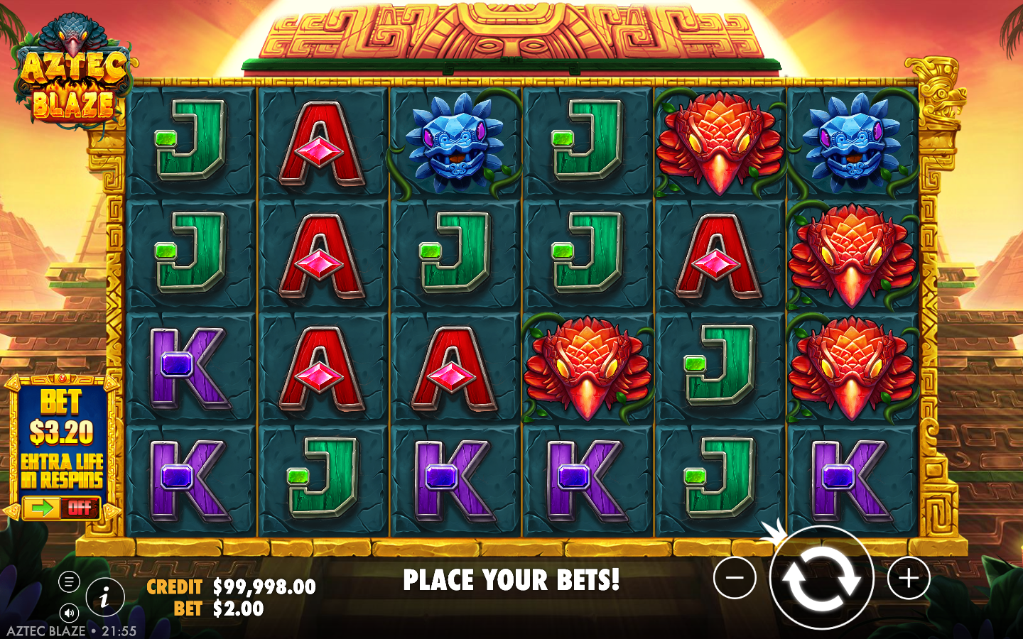 Aztec Blaze base game showing the settled 6x4 grid of Aztec beast masks, red eagle, green serpent, blue jaguar and purple monkey plus A K Q J royals inside a stone-temple frame, with CREDIT A$100,000.00 and BET A$2.00 and the AZTEC BLAZE logo and the BET A$3.20 EXTRA LIFE IN RESPINS panel