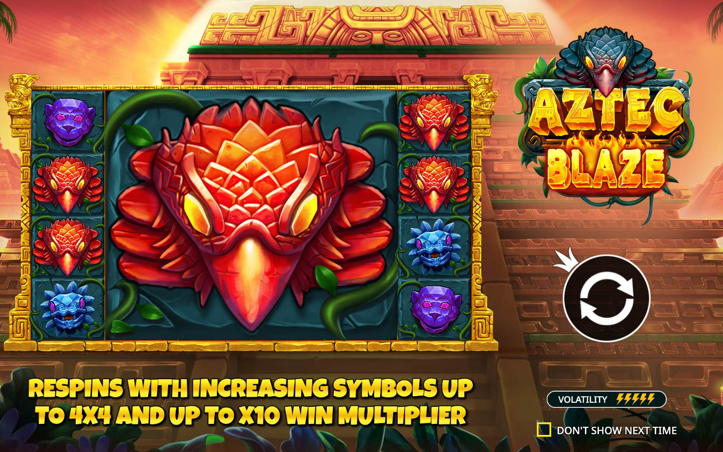 Aztec Blaze attract screen with a large colossal red Aztec-mask symbol on the centre reels, the fiery pyramid backdrop, the banner RESPINS WITH INCREASING SYMBOLS UP TO 4X4 AND UP TO X10 WIN MULTIPLIER and a VOLATILITY meter reading 5 of 5 flame bolts