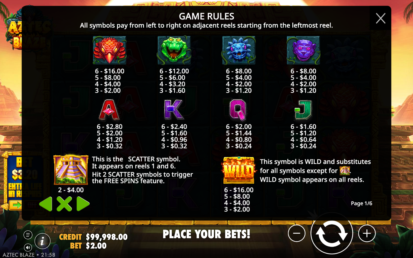 Aztec Blaze in-game Game Rules page one of six showing the numeric symbol paytable from the red eagle at the top down to the J royal, plus the SCATTER description for reels 1 and 6 and the WILD description substituting all except scatter on all reels