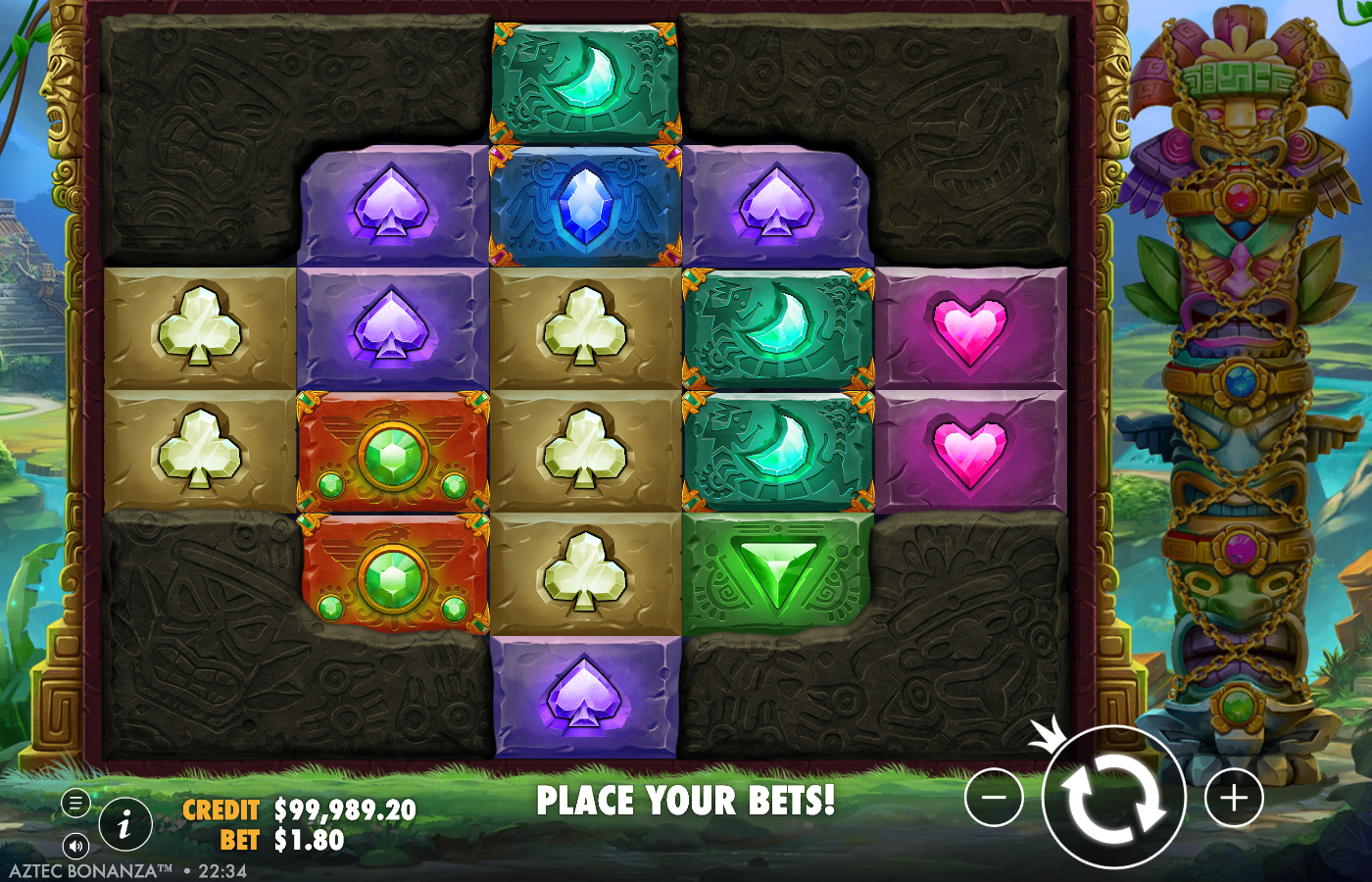 Aztec Bonanza base game showing the settled diamond 2-4-6-4-2 grid of carved-stone Aztec symbols, jade crescents, blue diamonds, purple spades, gold clovers and green emerald gems inside a stone-temple frame, with the Aztec totem idol on the right, the CREDIT A$99,989.20 and BET A$1.80 bar and the AZTEC BONANZA logo