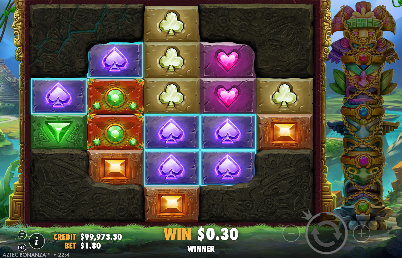 Aztec Bonanza live tumble win with cyan highlight boxes around a winning cluster of purple spades and gold clovers, a WIN A$0.30 WINNER banner, a teal lightning fissure cracking open the top-left corner of the grid and the play area visibly enlarged