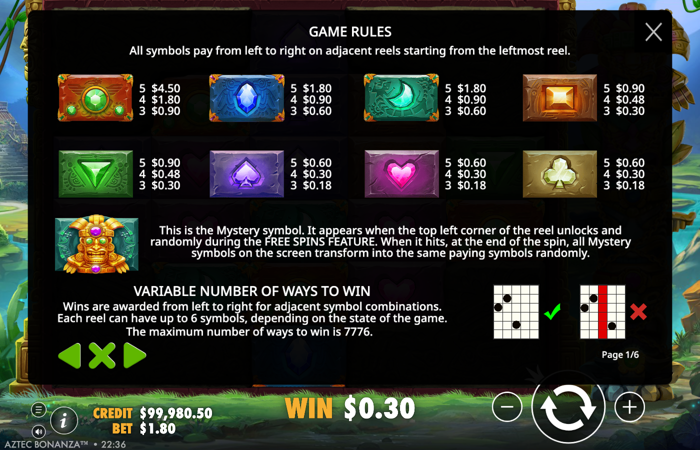 Aztec Bonanza in-game Game Rules page one of six showing the numeric symbol paytable from the green emerald at the top down to the clover, heart and spade low pack, the Mystery-symbol rule and the variable-ways panel stating each reel can hold up to six symbols for a maximum of 7776 ways