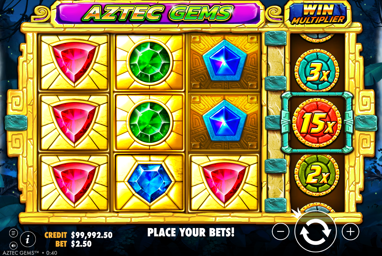 Aztec Gems base game showing the 3x3 grid of stacked Mesoamerican gems, a column of red triangle gems, green emeralds and a blue pentagon and diamond, inside a golden Aztec temple frame, with the separate Win Multiplier reel on the right showing 3x, 15x and 2x, the CREDIT A$99,992.50 and BET A$2.50 bar, the green AZTEC GEMS logo and a PLACE YOUR BETS prompt