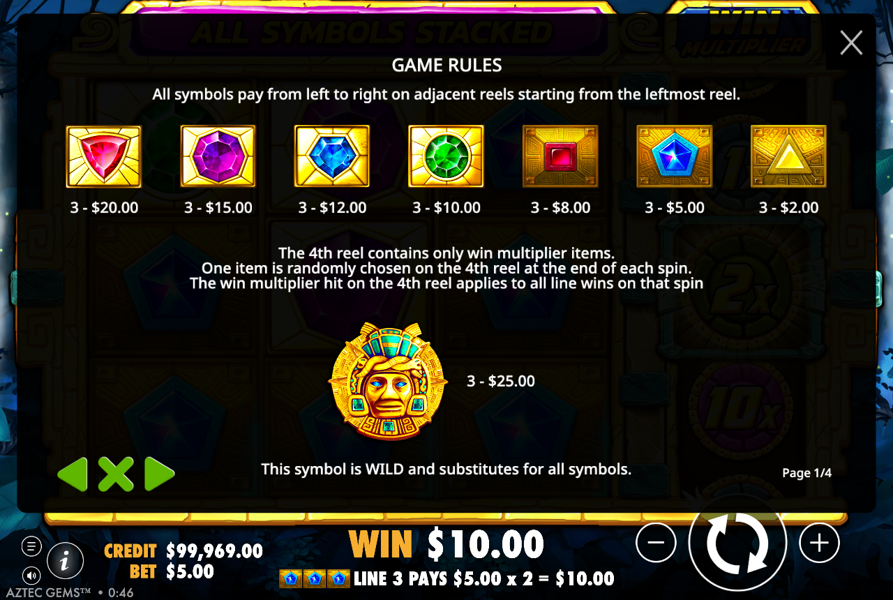 Aztec Gems in-game GAME RULES page one of six showing the numeric 3-of-a-kind paytable from the red triangle at A$20.00 down to the gold triangle at A$2.00, the Aztec chieftain mask wild at A$25.00 that substitutes for all symbols, and the rule text explaining the 4th multiplier reel applies to all line wins