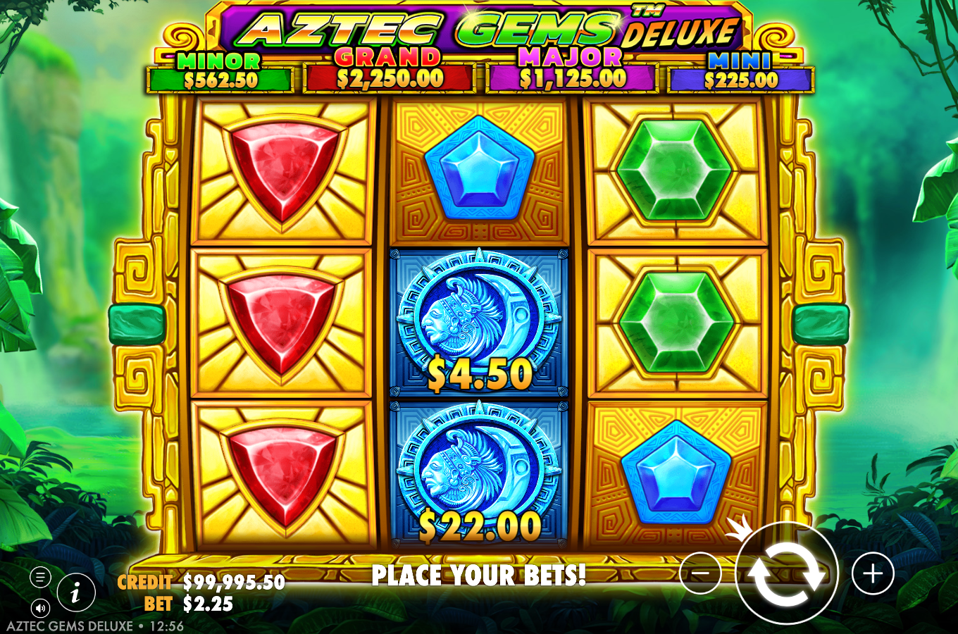 Aztec Gems Deluxe money symbols in action, two blue Aztec medallions landed on the middle reel carrying cash values A$4.50 and A$22.00, the hold-and-win driver at a A$2.25 bet with the credit ticked down after a real spin