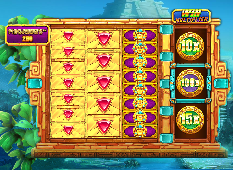Aztec Gems Megaways playfield showing three tall gem reels of red-triangle and purple-gold octagon gems inside a golden Aztec temple frame, with the MEGAWAYS ways counter top-left and the WIN MULTIPLIER fourth reel at right, running in the AUD demo