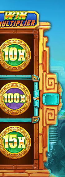 Close-up of the Aztec Gems Megaways WIN MULTIPLIER fourth reel showing multiplier discs reading x10, x100 and x15 stacked in the dedicated multiplier column