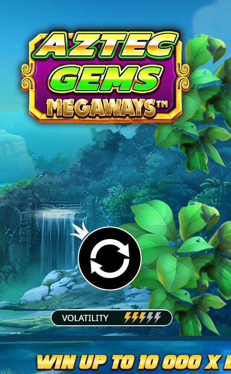 Aztec Gems Megaways info panel from the live render showing the AZTEC GEMS MEGAWAYS logo, the volatility meter reading about three of five, and the WIN UP TO 10 000 X max-win banner