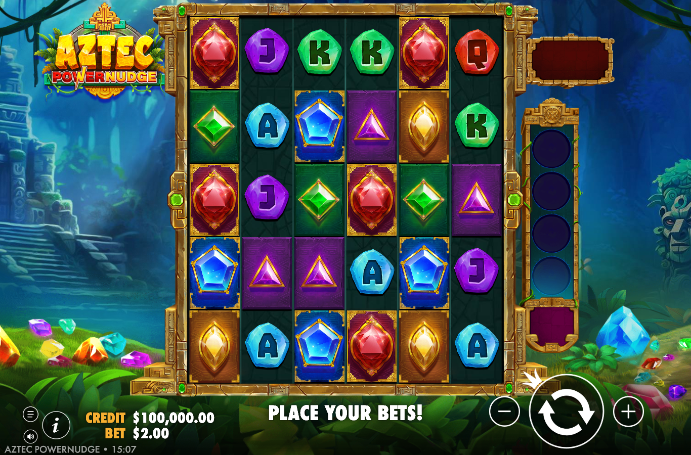 Aztec Powernudge base game showing the full 6x5 grid of carved-stone Aztec gem symbols, red diamond, blue and purple gems, green emerald and gold teardrop plus A K Q J royals inside a mossy stone-temple frame, with CREDIT A$100,000.00 and BET A$2.00 and the AZTEC POWERNUDGE logo