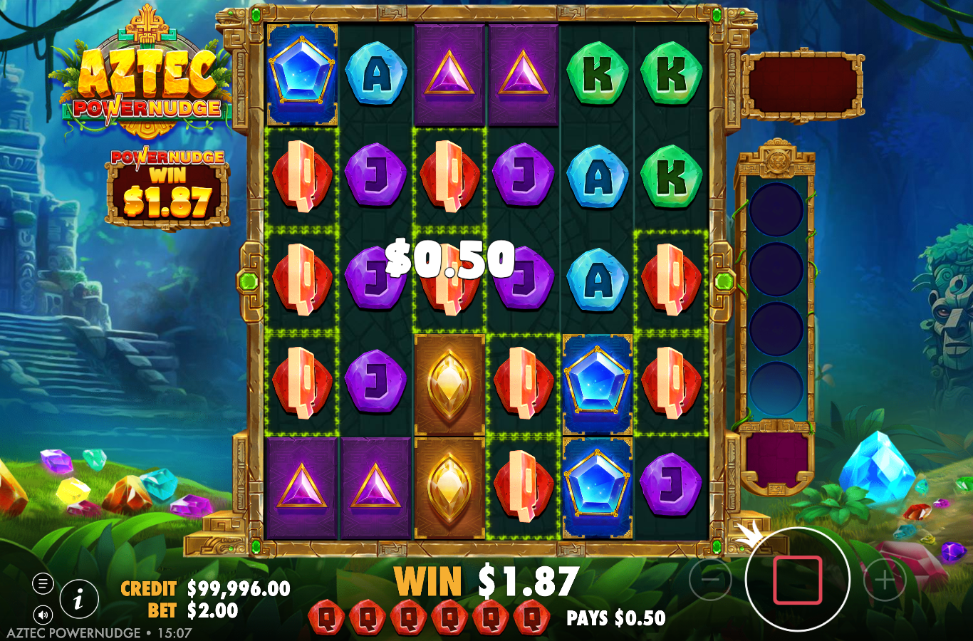 Aztec Powernudge live PowerNudge win with a POWERNUDGE banner top-left, a red-diamond gem win highlighted by yellow dashed pays-anywhere boxes, a A$0.50 PAYS popup and a running WIN A$1.87 tally on the A$2.00 bet