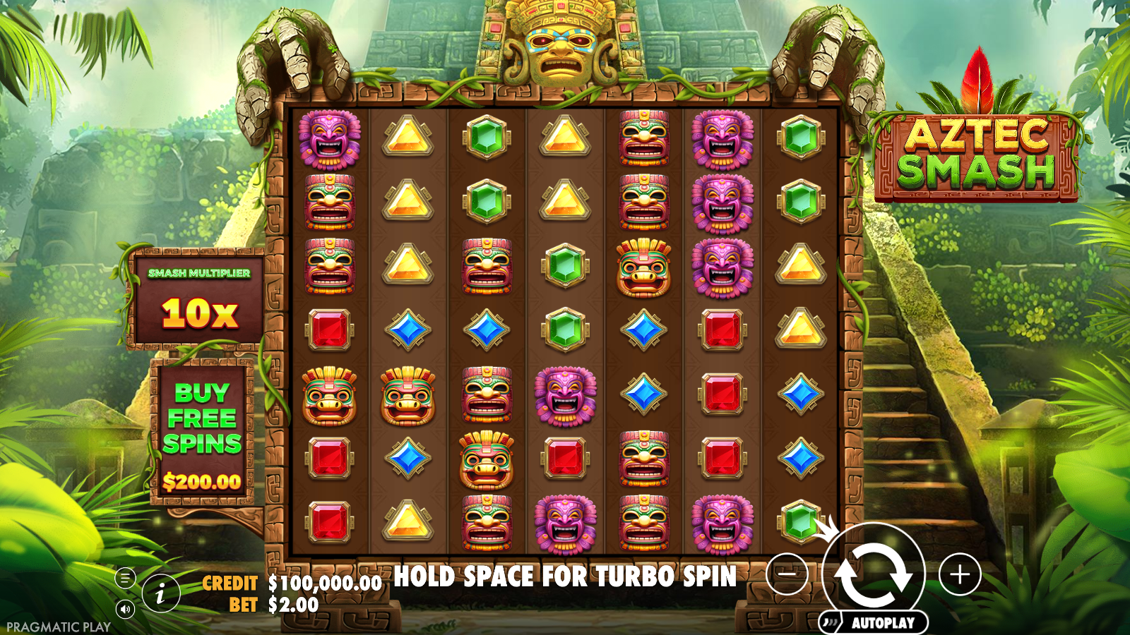 Aztec Smash base game showing the full 7x7 grid of carved Aztec masks and cut gemstones inside a stone-temple frame, with the Smash Multiplier panel to one side and the Buy Free Spins button, all in AUD fun-play