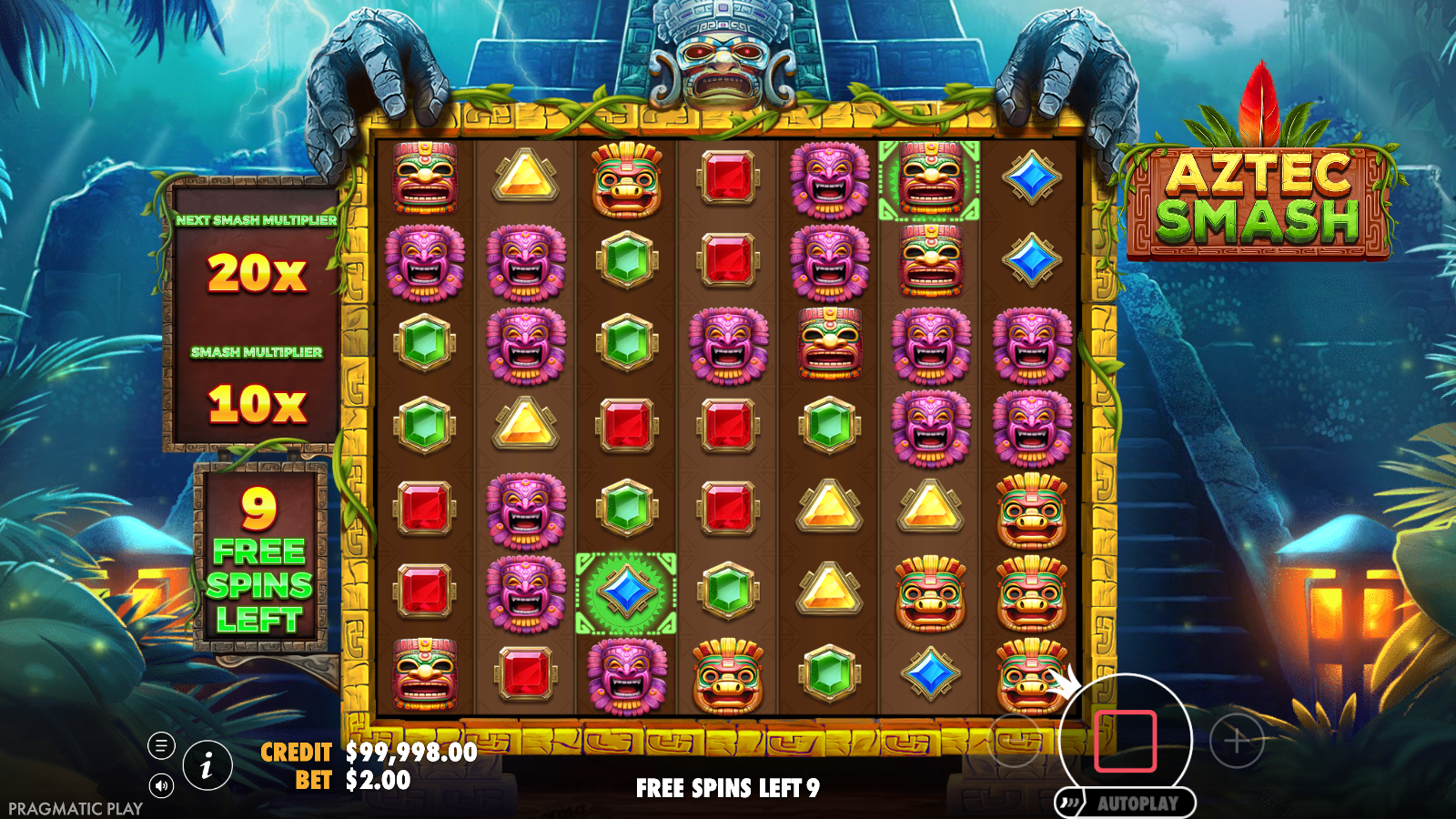 Aztec Smash free spins in progress on a darker temple backdrop, with a free-spins-left counter, the Smash Multiplier climbing and matching symbols marked across the 7x7 grid