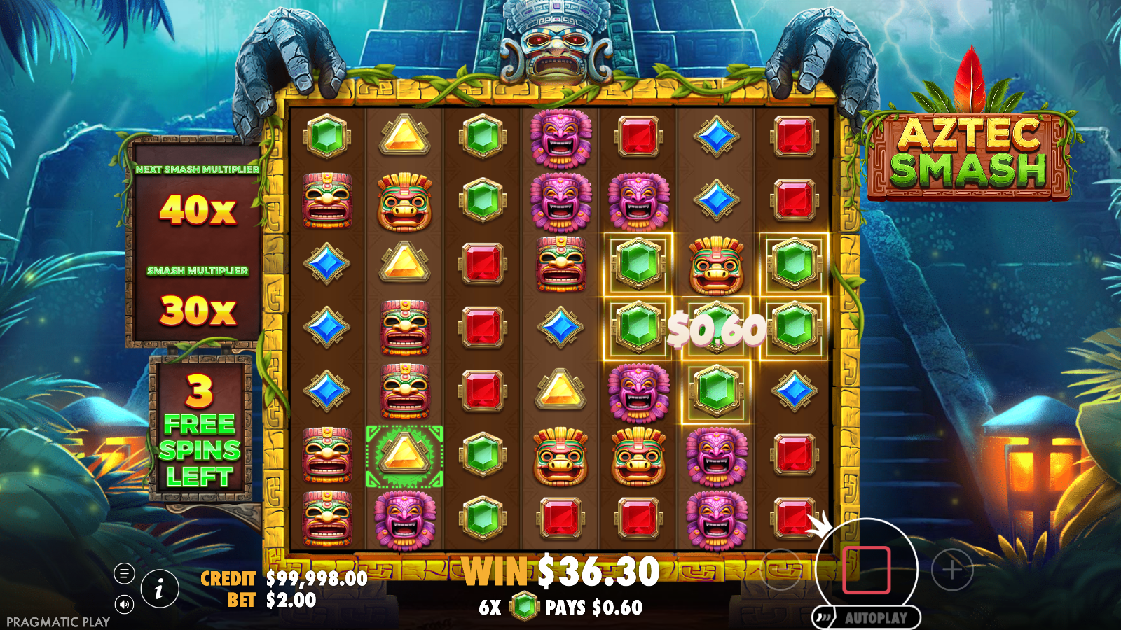 Aztec Smash free-spins win with the on-screen pay readout showing a count-of-a-kind win multiplied by the Smash Multiplier and a running win total