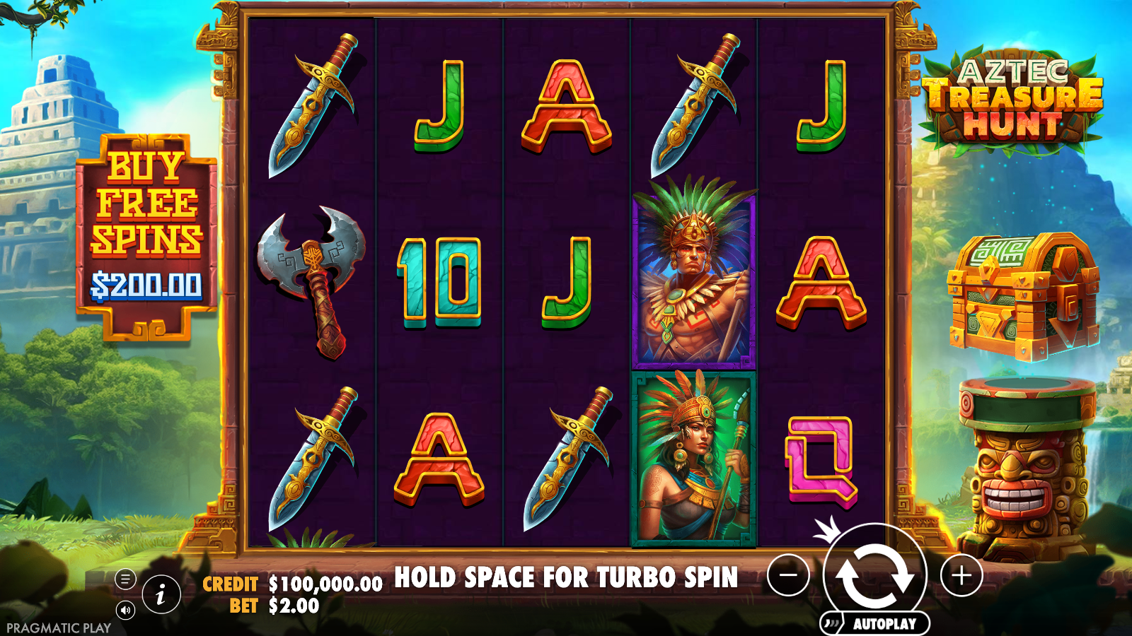 Aztec Treasure Hunt base game showing the 5x3 grid with male and female Aztec warrior premium symbols, the Buy Free Spins panel and the treasure-chest totem on the right rail, all in AUD fun-play
