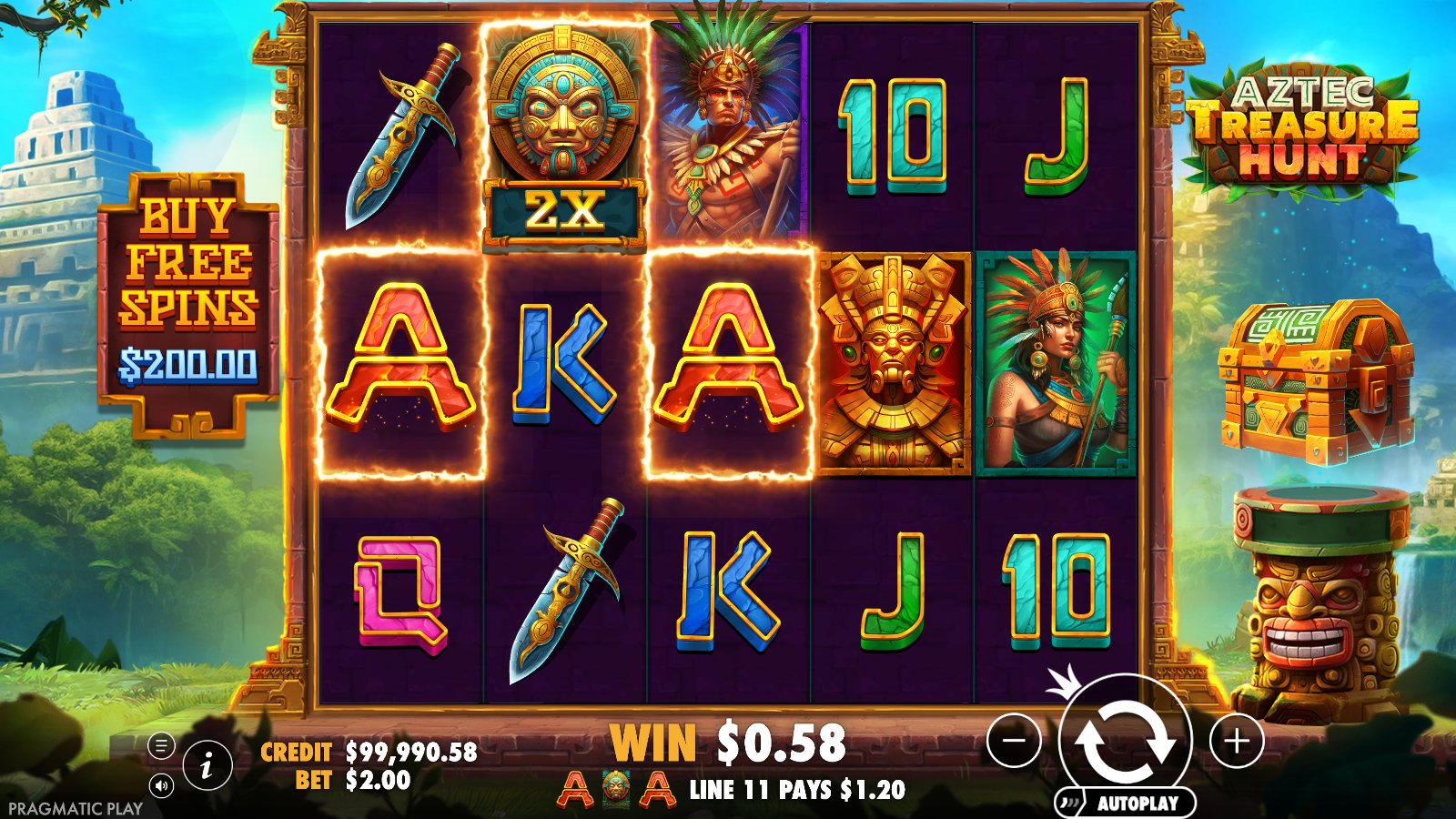 Aztec Treasure Hunt base-game line win with a carved-mask WILD stamped with a 2X multiplier, the winning payline highlighted and the two warrior premium symbols on the grid