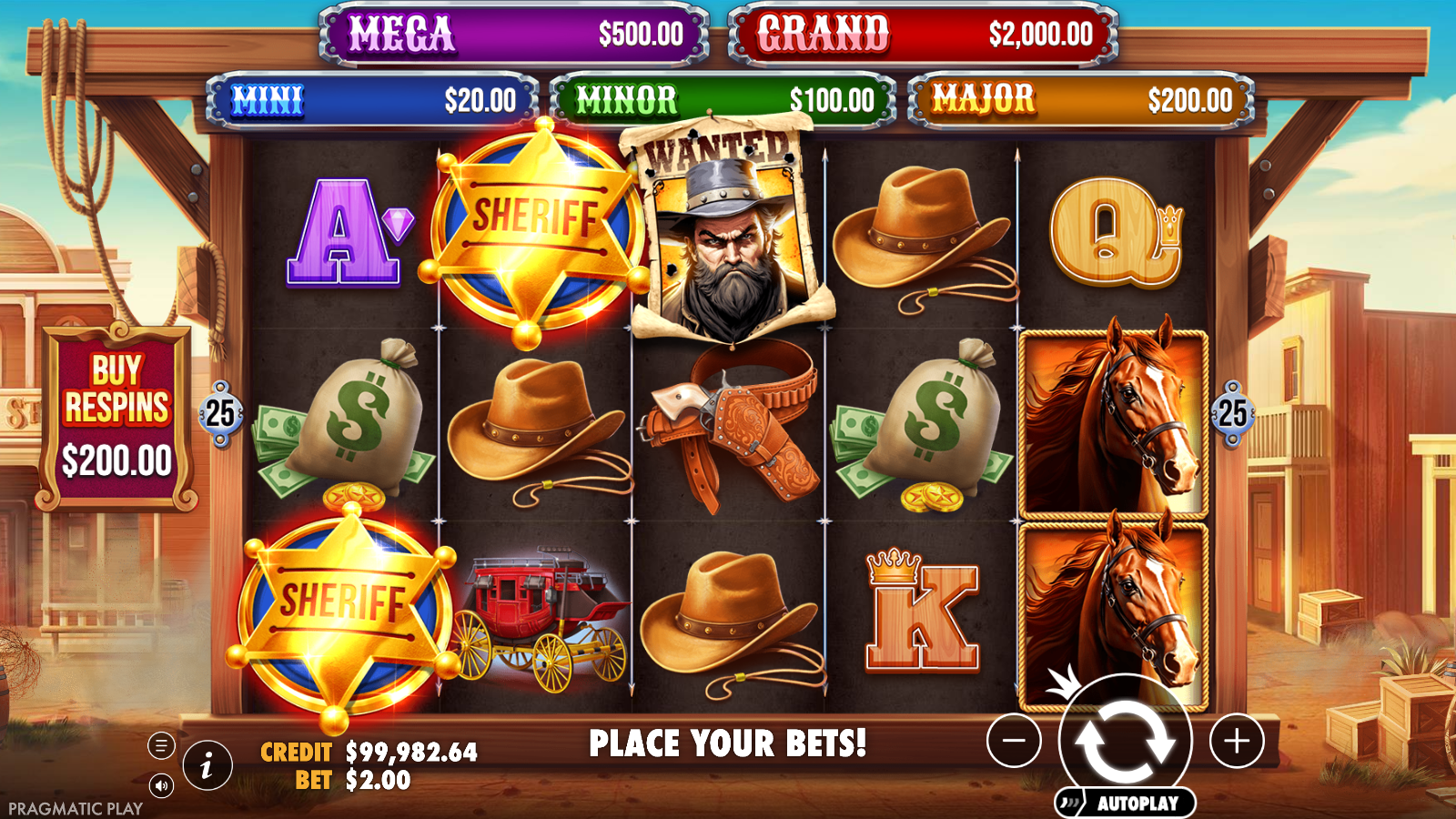 Badge Blitz base game showing the 5x3 grid with two glowing sheriff-badge symbols, a WANTED-poster scatter on reel 3, stacked horse wilds in golden frames on reel 5, the five-tier jackpot ladder above the reels and the Buy Respins panel on the left, in AUD fun-play