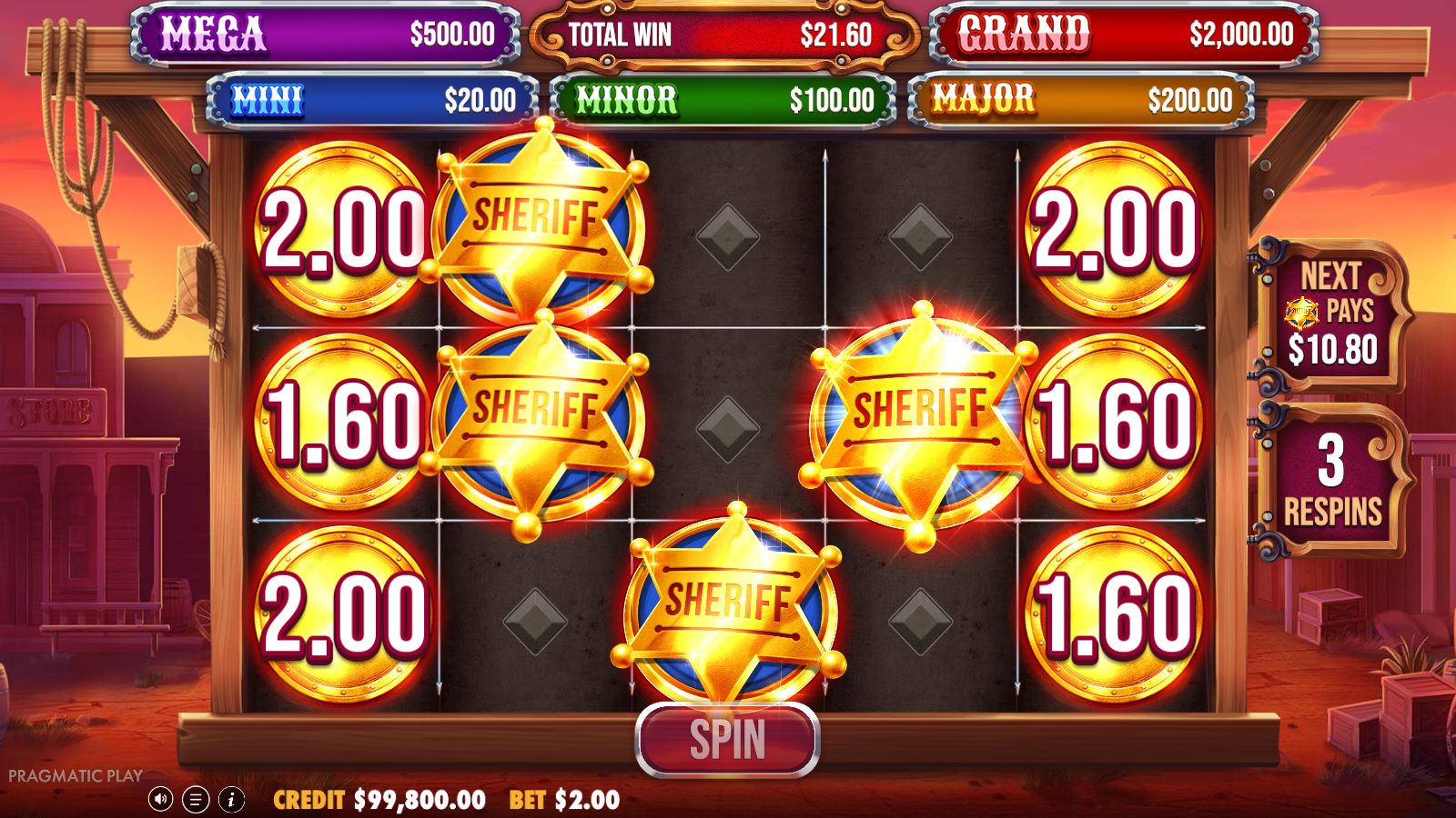 Badge Blitz Money Respins in progress with six coin symbols holding values, three fresh sheriff badges landing at once, the NEXT PAYS panel reading A$10.80, the respin counter reset to 3 and the TOTAL WIN meter at A$21.60