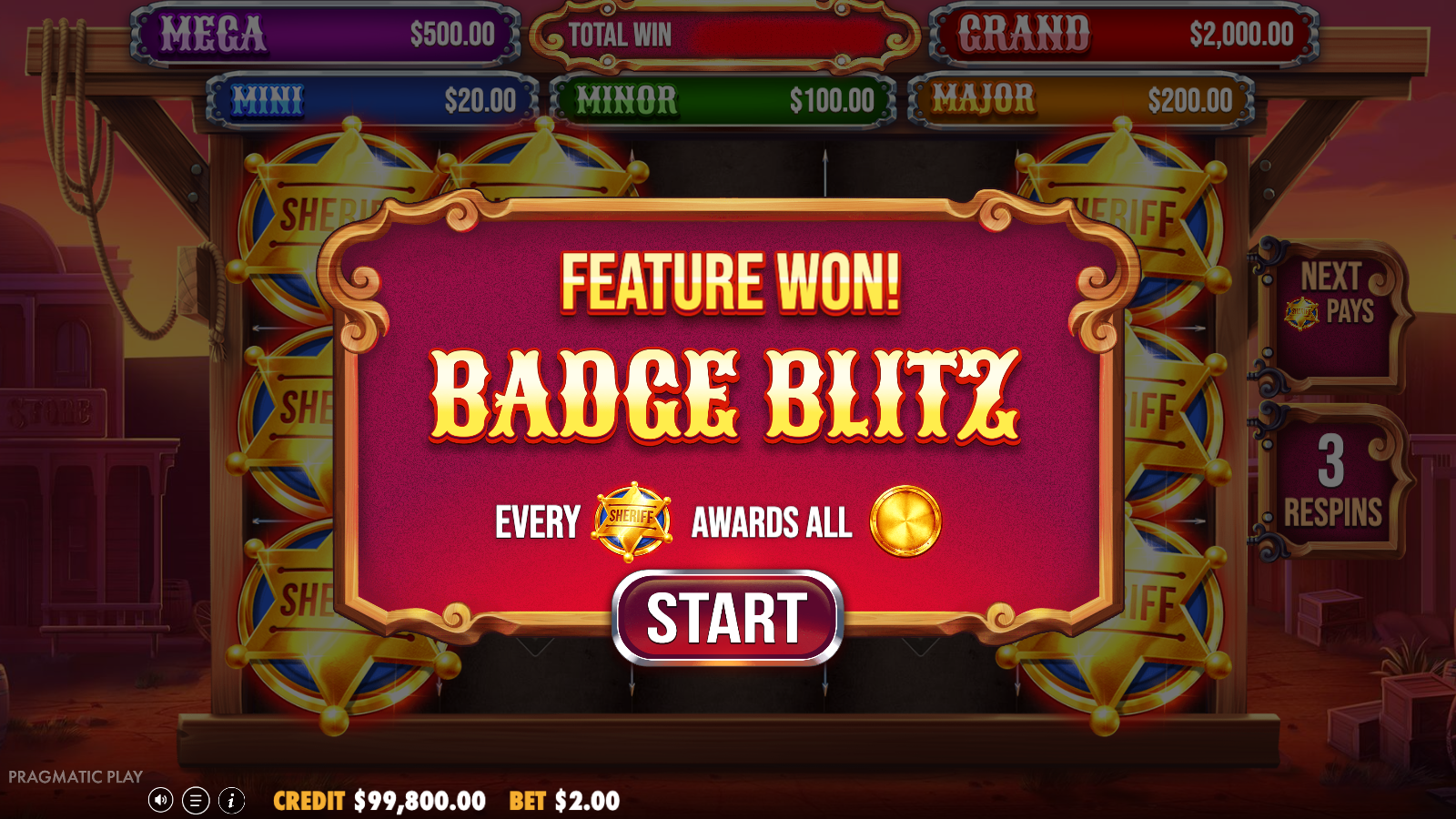 Badge Blitz feature award screen reading FEATURE WON! BADGE BLITZ, every badge awards all coins, with reels 1 and 5 filled with sheriff badges on the night backdrop and the 3-respins panel on the right