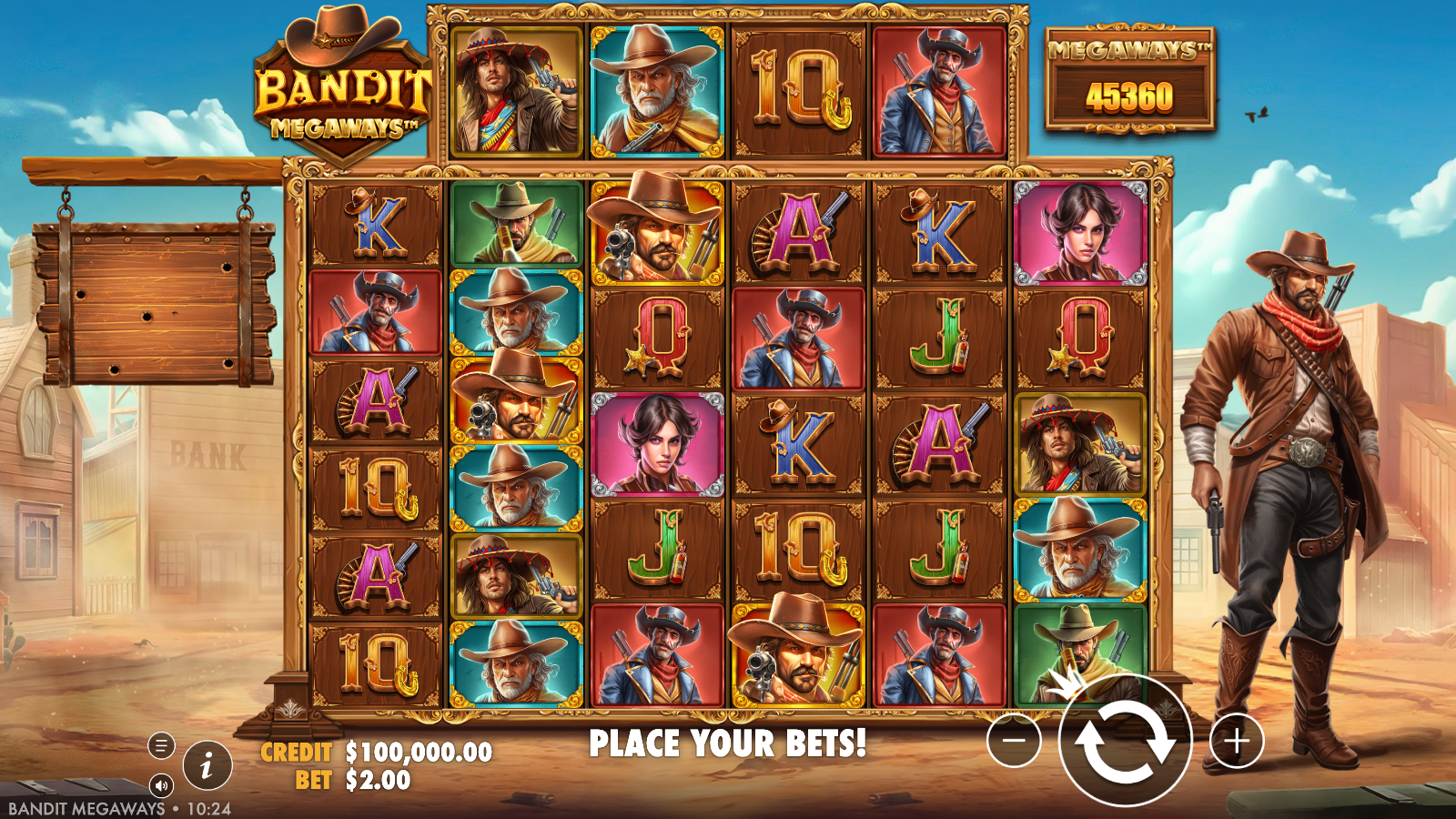 Bandit Megaways base game grid with six variable-height reels, the four-cell horizontal top reel above reels 2 to 5 and the Megaways counter reading 45,360