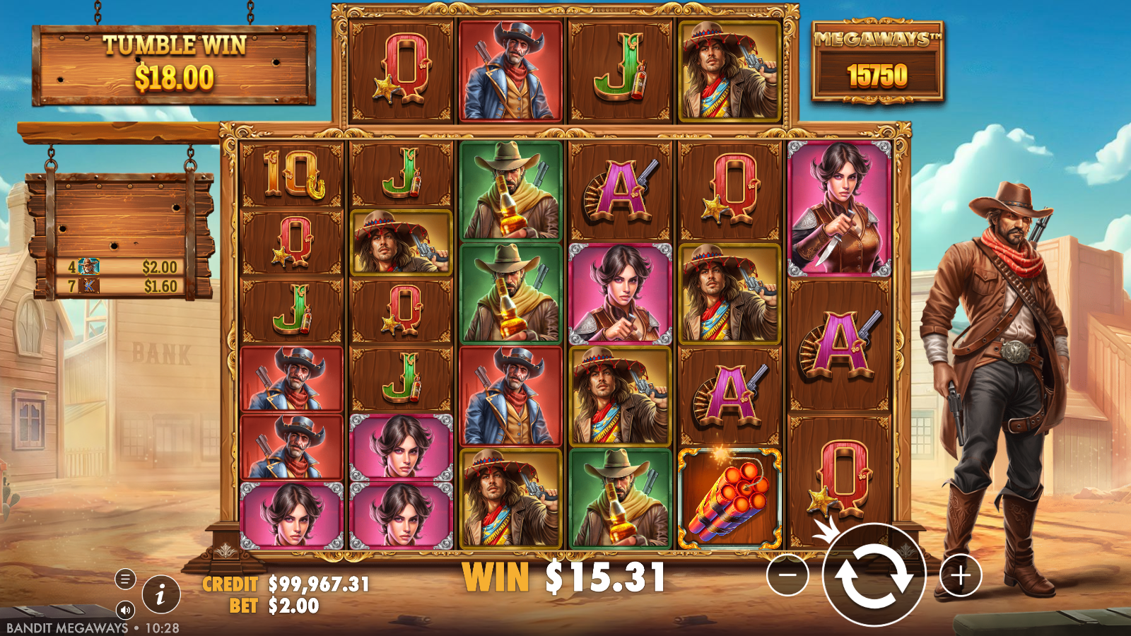 Bandit Megaways mid-tumble win showing the TUMBLE WIN board, the itemised win ledger on the wooden sign and a dynamite multiplier symbol on reel 5
