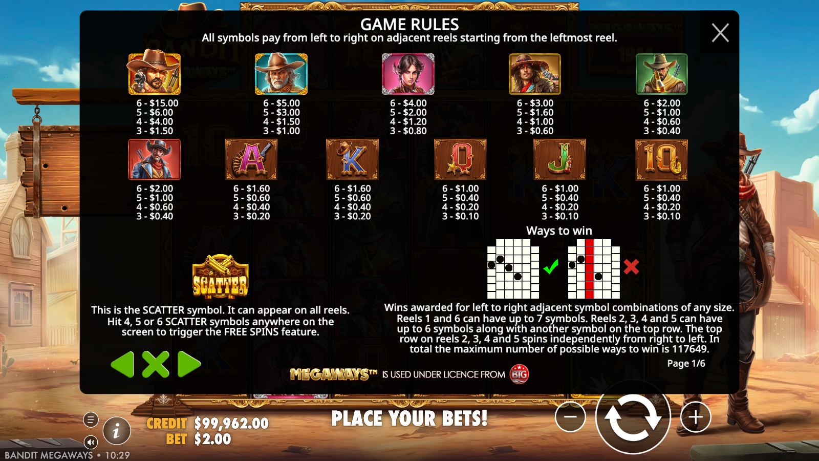 Bandit Megaways game rules page 1 showing the full symbol paytable, the crossed-revolvers scatter rules and the ways-to-win diagram