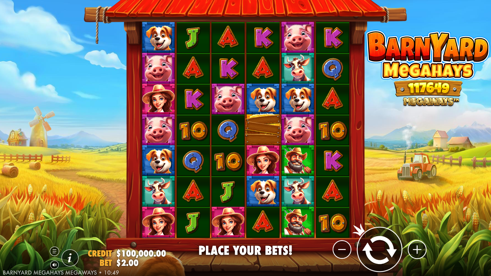 Barnyard Megahays Megaways base grid at idle inside the red barn frame, six Megaways reels of farm symbols under the 117,649 ways plaque, with a haystack SPECIAL resting mid-grid