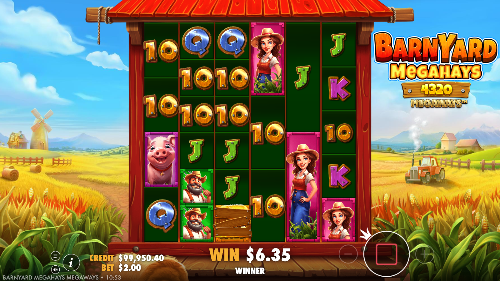 Mid-tumble frame in Barnyard Megahays Megaways showing cleared symbols leaving gaps, the win readout around 3.2 times the bet, the ways plaque at 4,320 and a haystack SPECIAL persisting in the bottom row