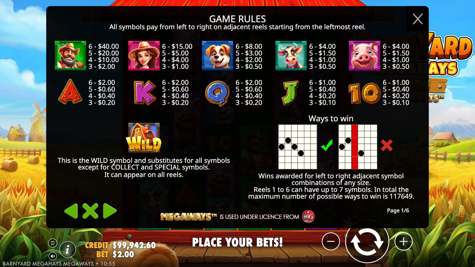Page one of the Barnyard Megahays Megaways in-game GAME RULES showing the symbol paytable topped by the male farmer, the red barn WILD rule and the Megaways ways-to-win diagram