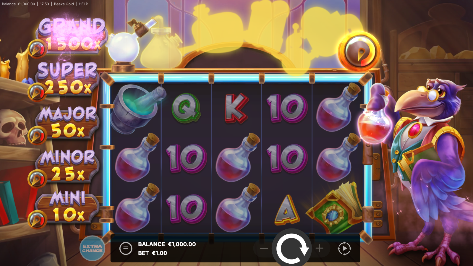 Beak's Gold base game 5 by 3 grid with alchemy lab backdrop and the Transmutation Progress meter on the side