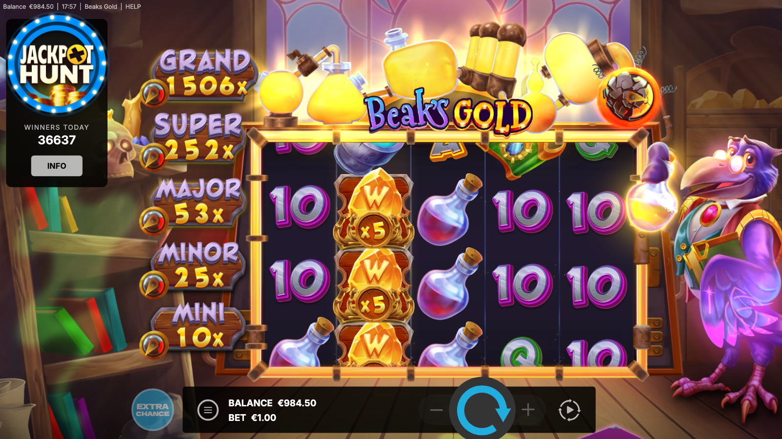 Transmutation Progress meter at level 5 with an Upgraded Wild on the reels showing the multiplier