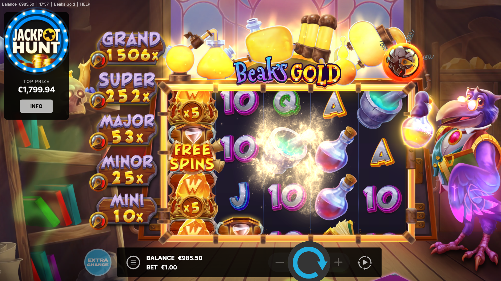 Three Free Spins scatter symbols landing on the reels triggering the 10 free spins bonus