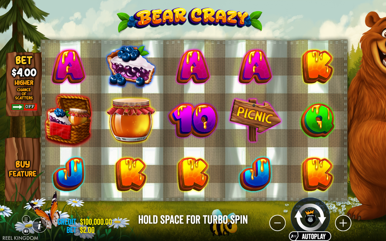 Bear Crazy base game grid showing the 5x3 picnic-blanket layout, paying symbols across the reels including honey jar, picnic basket, picnic sign, and royals