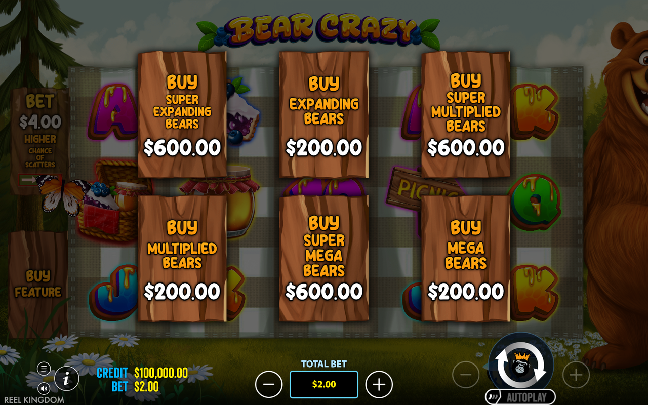 Bear Crazy six-tier bonus buy menu showing Super Expanding, Expanding, Super Multiplied, Multiplied, Super Mega and Mega Bears at 100× and 300× the stake