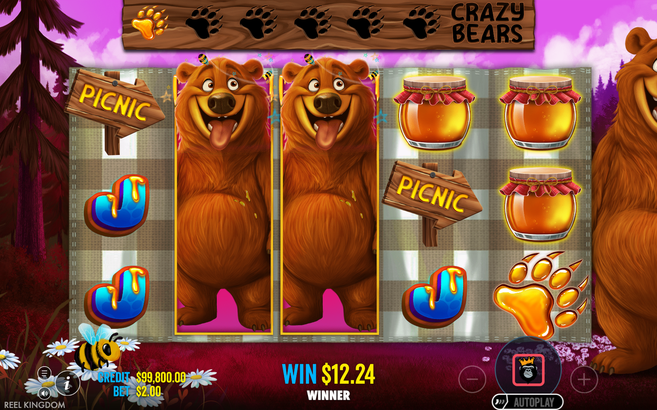 Bear Crazy free spins round in the Expanding Bears modifier showing two expanded wild bear stacks, paw trail meter above the reels, and a winning spin