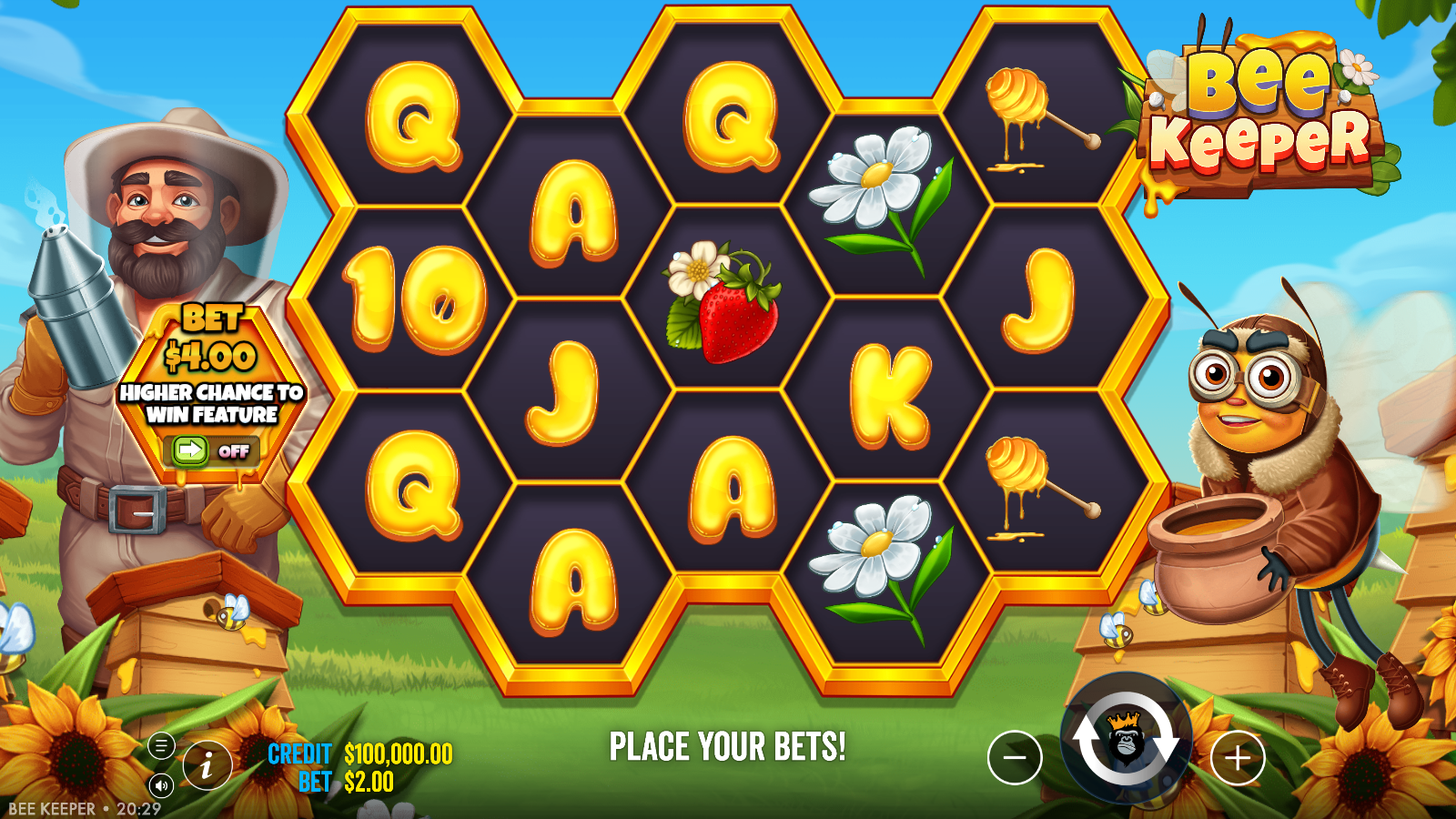 Bee Keeper base game at idle, a honeycomb-styled 5×3 grid of card letters, daisies and honey dippers, with the beekeeper character on the left, the bee mascot on the right and the Ante Bet panel beside the reels