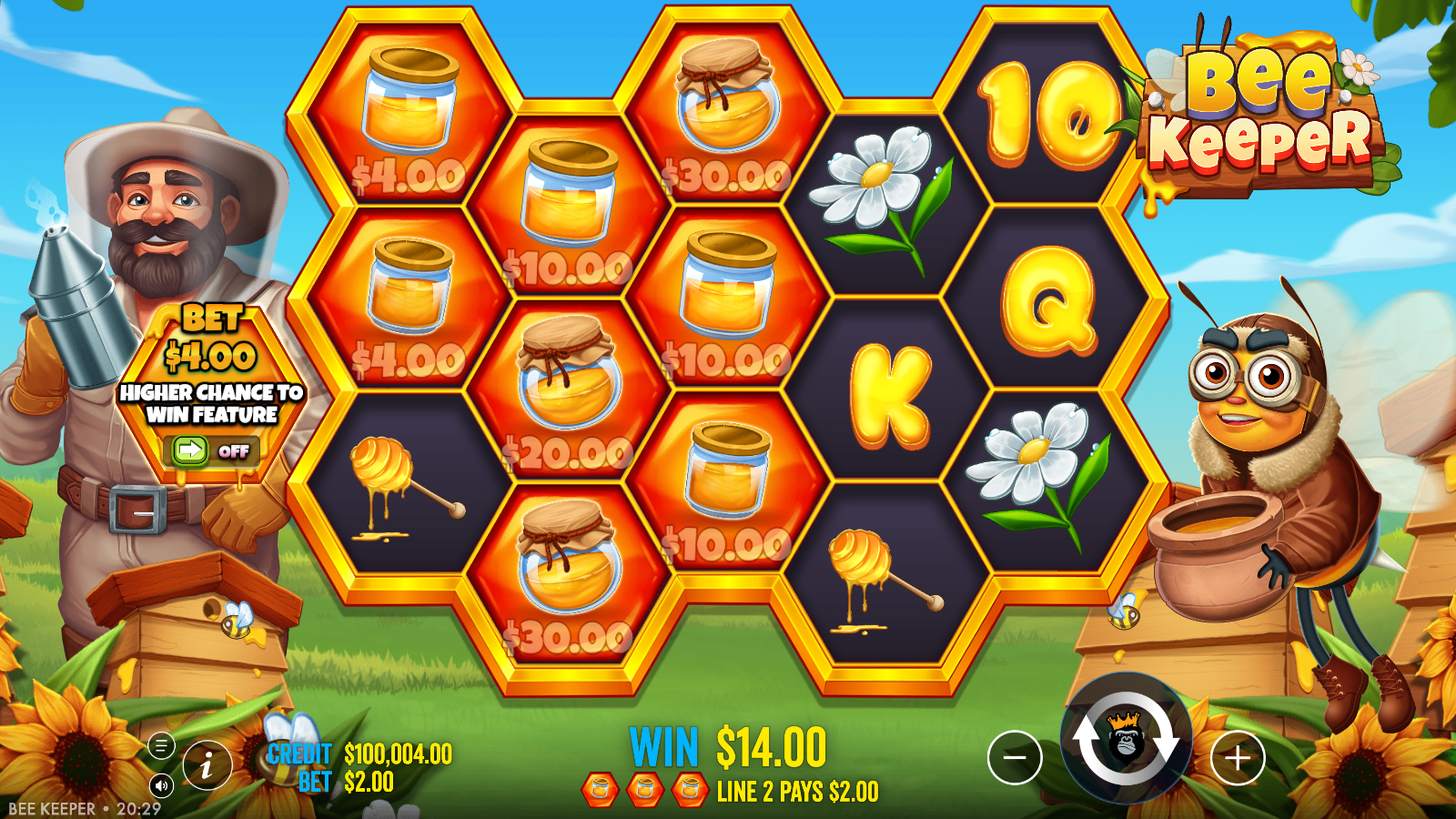 Bee Keeper mid-session win with eight honey-jar Money symbols carrying values across the first three reels and the win banner showing a three-jar line result