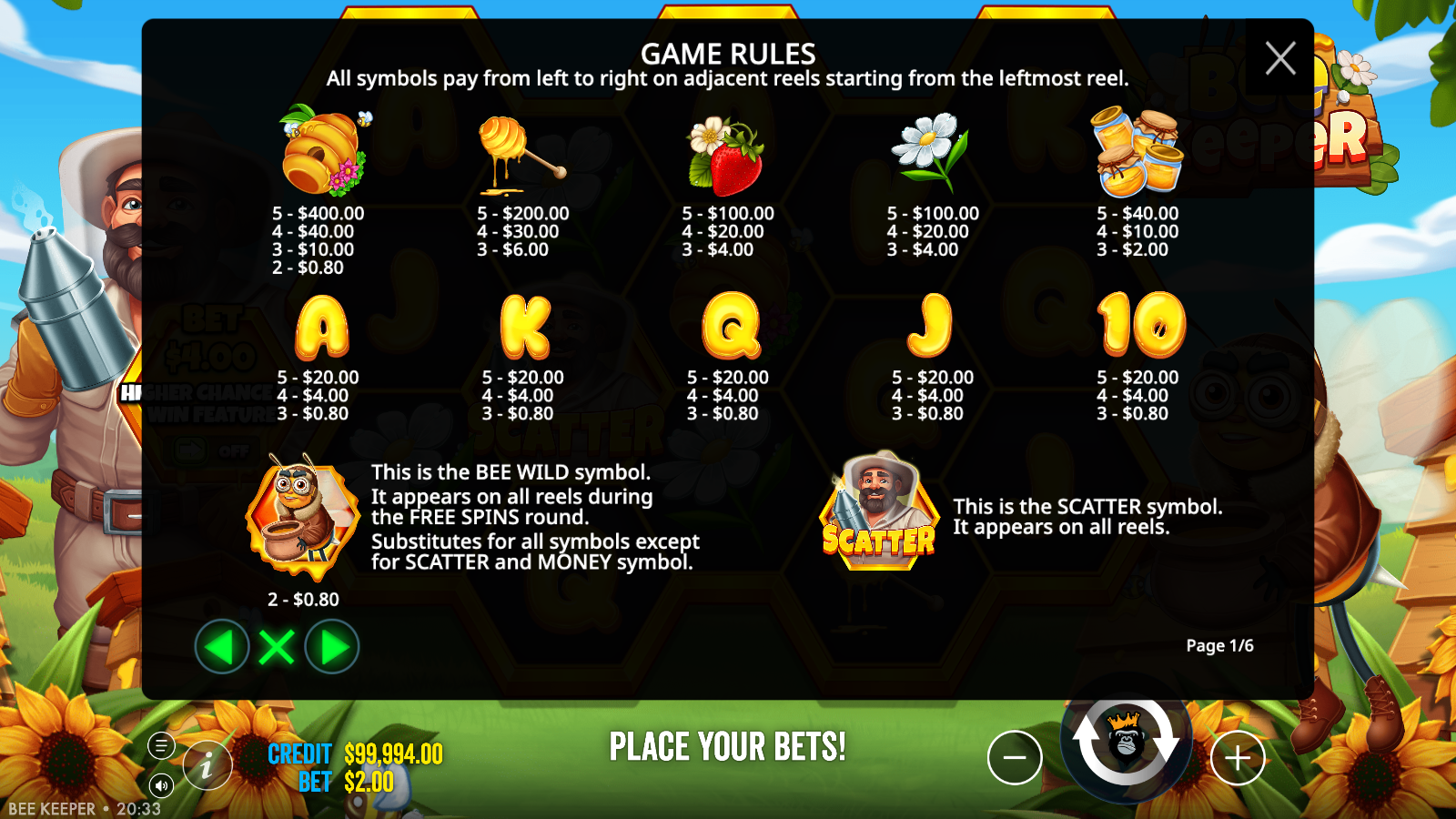 Page 1 of 6 of the Bee Keeper in-game GAME RULES, showing the full symbol paytable topped by the beehive, plus the Bee Wild and beekeeper Scatter callouts