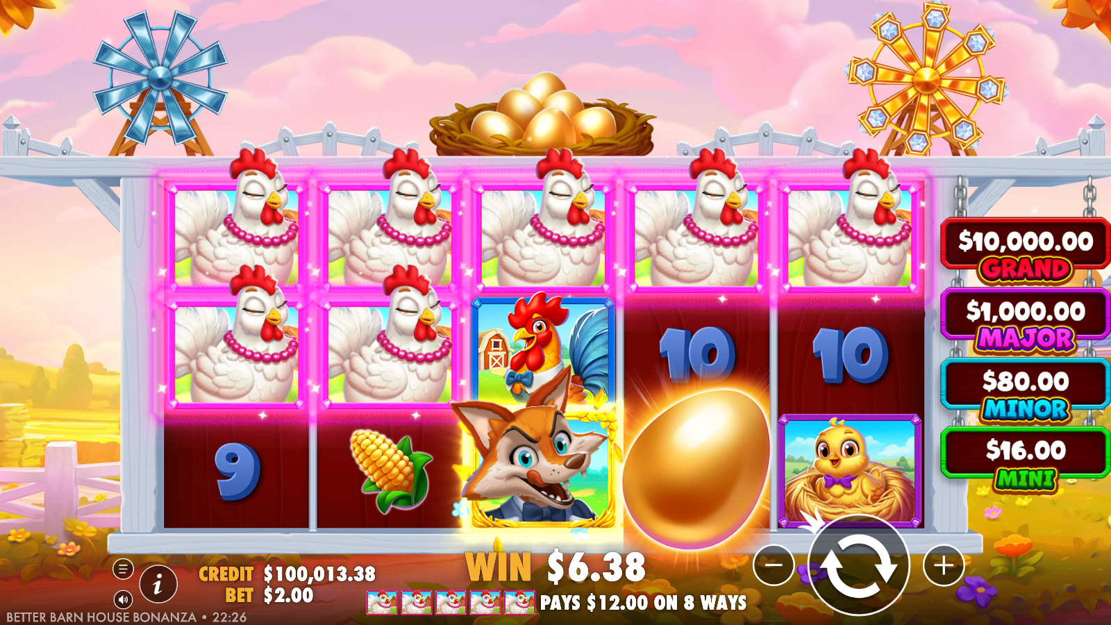 Better Barn House Bonanza base-game win paying across eight ways, with the ways-count tally below the reels and the jackpot ladder at the top